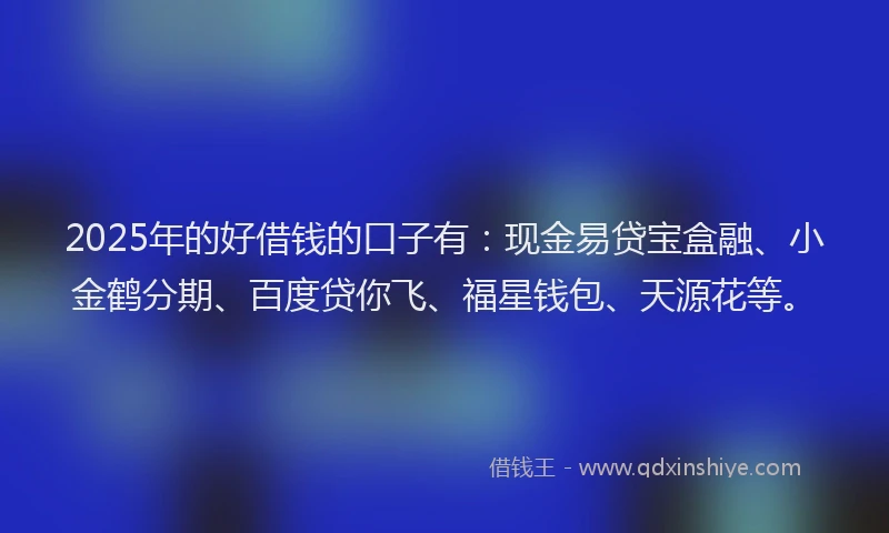 2025年的好借钱的口子有：现金易贷宝盒融、小金鹤分期、百度贷你飞、福星钱包、天源花等。