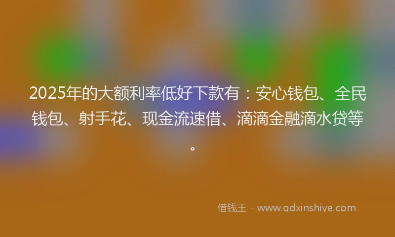 2025年的大额利率低好下款有：安心钱包、全民钱包、射手花、现金流速借、滴滴金融滴水贷等。