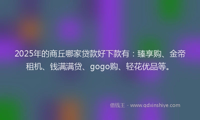 2025年的商丘哪家贷款好下款有：臻享购、金帝租机、钱满满贷、gogo购、轻花优品等。