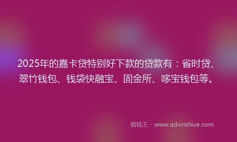 2025年的嘉卡贷特别好下款的贷款有：省时贷、翠竹钱包、钱袋快融宝、固金所、哆宝钱包等。