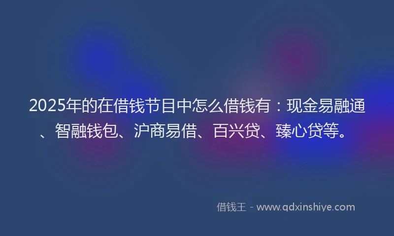 2025年的在借钱节目中怎么借钱有：现金易融通、智融钱包、沪商易借、百兴贷、臻心贷等。