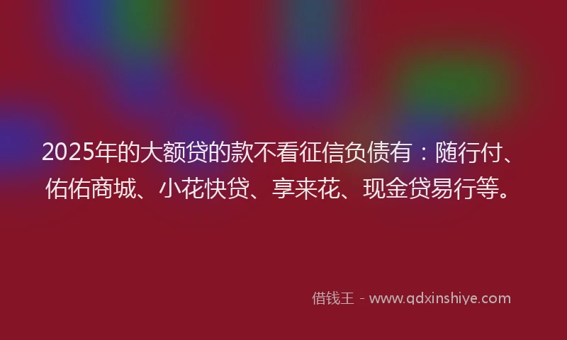 2025年的大额贷的款不看征信负债有：随行付、佑佑商城、小花快贷、享来花、现金贷易行等。
