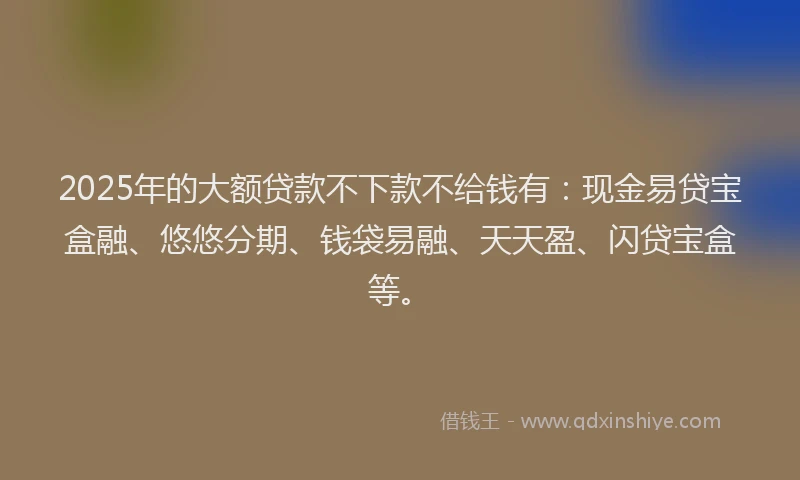 2025年的大额贷款不下款不给钱有：现金易贷宝盒融、悠悠分期、钱袋易融、天天盈、闪贷宝盒等。