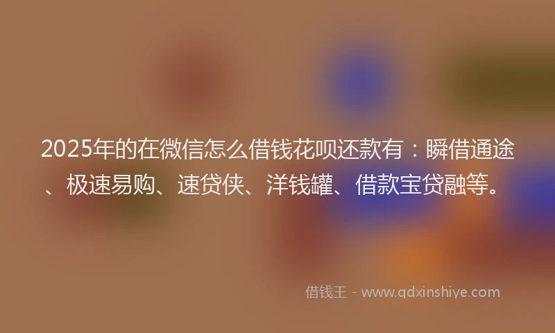 2025年的在微信怎么借钱花呗还款有：瞬借通途、极速易购、速贷侠、洋钱罐、借款宝贷融等。