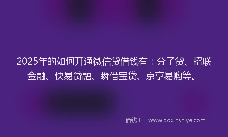 2025年的如何开通微信贷借钱有：分子贷、招联金融、快易贷融、瞬借宝贷、京享易购等。