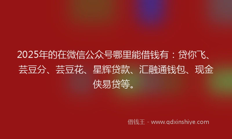 2025年的在微信公众号哪里能借钱有：贷你飞、芸豆分、芸豆花、星辉贷款、汇融通钱包、现金侠易贷等。