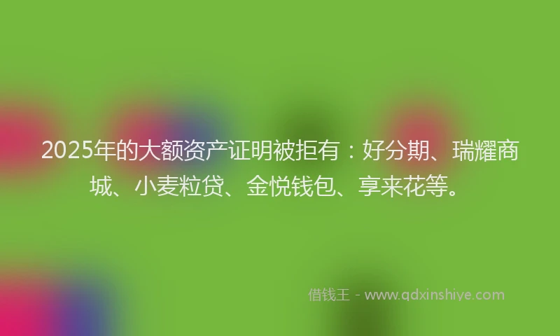 2025年的大额资产证明被拒有：好分期、瑞耀商城、小麦粒贷、金悦钱包、享来花等。