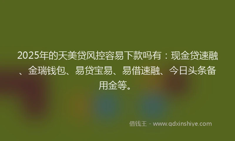 2025年的天美贷风控容易下款吗有：现金贷速融、金瑞钱包、易贷宝易、易借速融、今日头条备用金等。