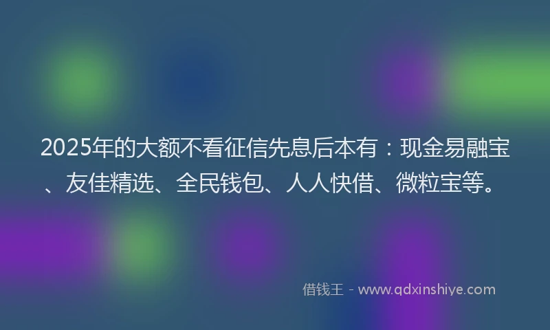 2025年的大额不看征信先息后本有：现金易融宝、友佳精选、全民钱包、人人快借、微粒宝等。