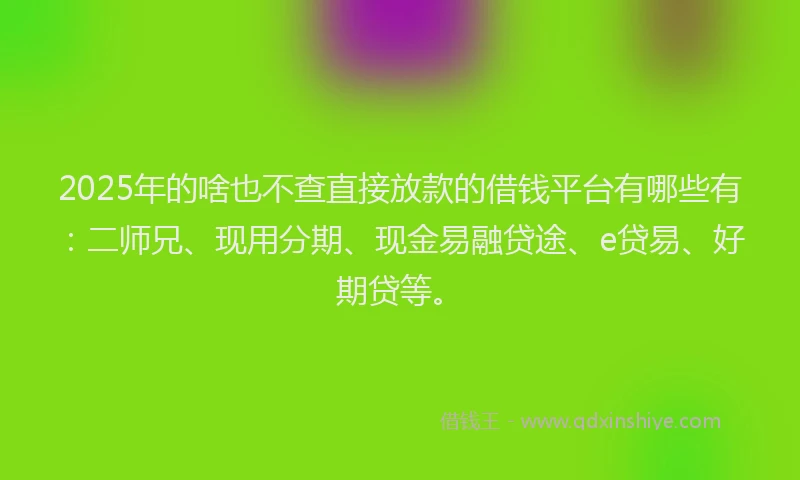 2025年的啥也不查直接放款的借钱平台有哪些有：二师兄、现用分期、现金易融贷途、e贷易、好期贷等。