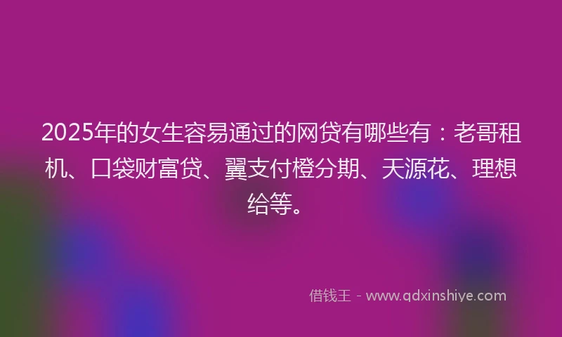 2025年的女生容易通过的网贷有哪些有：老哥租机、口袋财富贷、翼支付橙分期、天源花、理想给等。