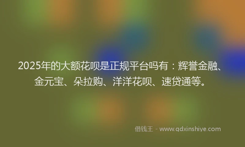 2025年的大额花呗是正规平台吗有：辉誉金融、金元宝、朵拉购、洋洋花呗、速贷通等。