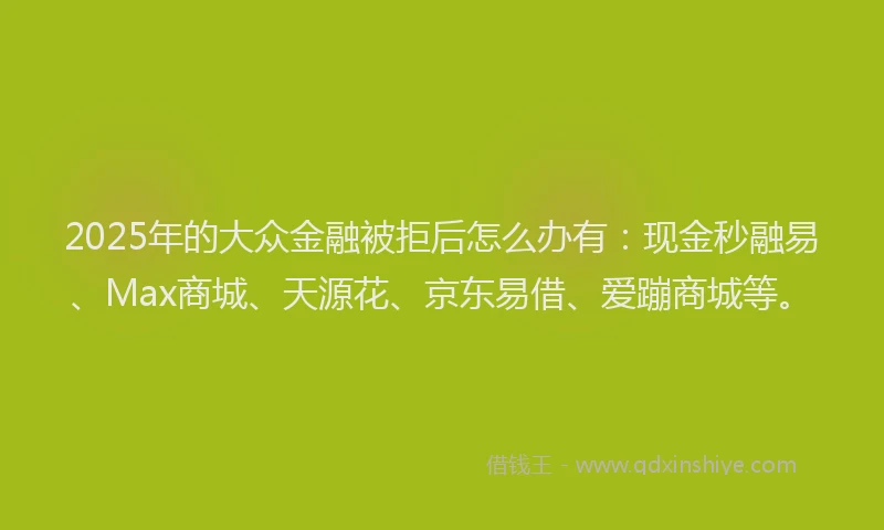 2025年的大众金融被拒后怎么办有：现金秒融易、Max商城、天源花、京东易借、爱蹦商城等。