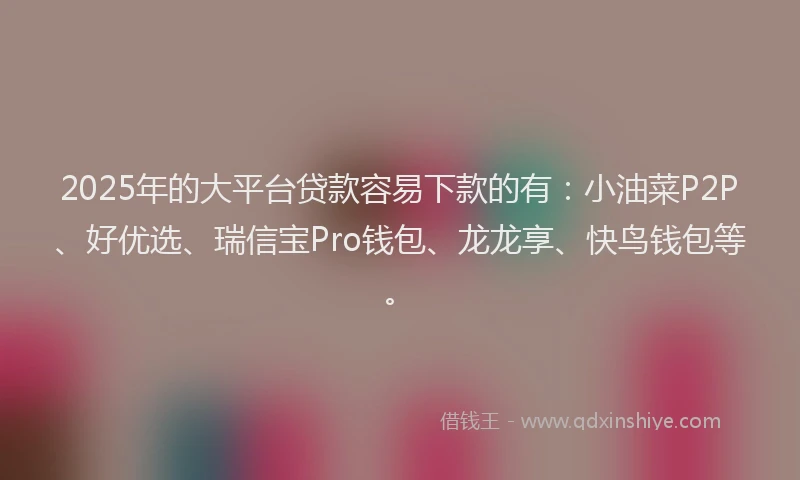 2025年的大平台贷款容易下款的有：小油菜P2P、好优选、瑞信宝Pro钱包、龙龙享、快鸟钱包等。