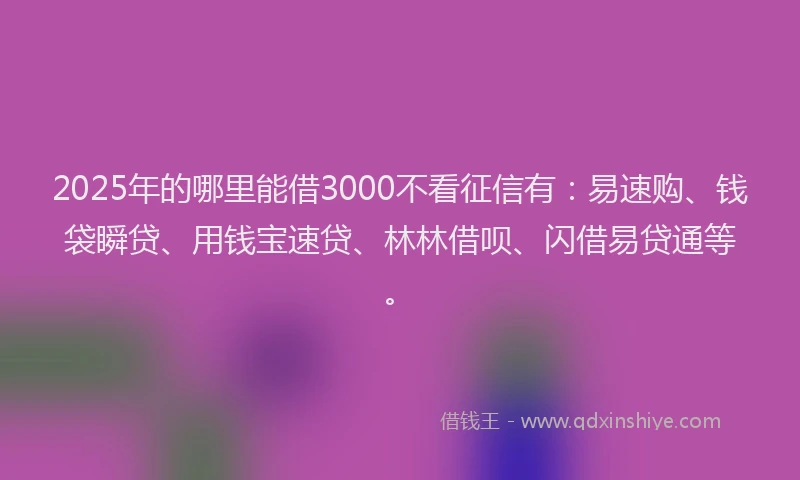 2025年的哪里能借3000不看征信有：易速购、钱袋瞬贷、用钱宝速贷、林林借呗、闪借易贷通等。