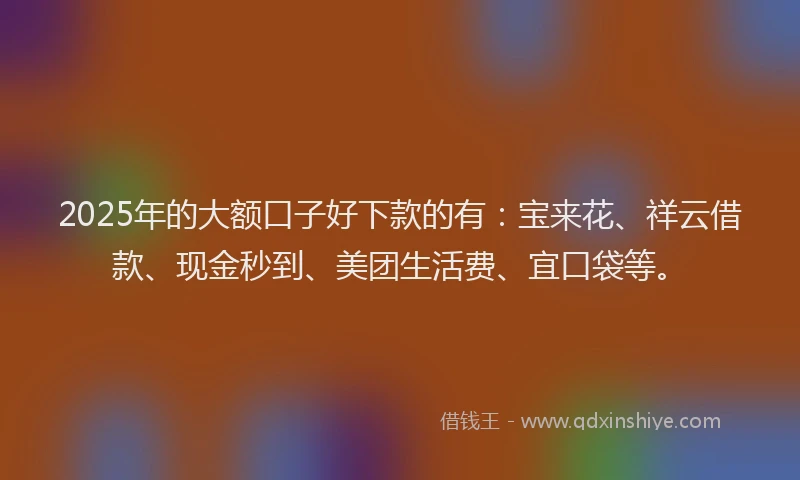 2025年的大额口子好下款的有：宝来花、祥云借款、现金秒到、美团生活费、宜口袋等。