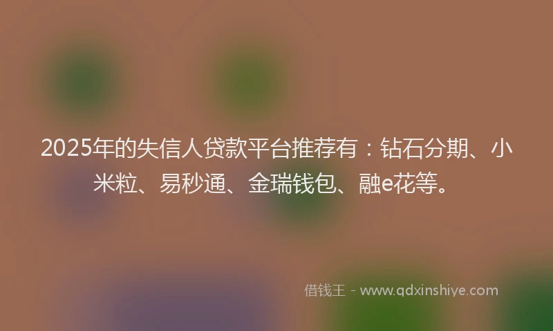 2025年的失信人贷款平台推荐有：钻石分期、小米粒、易秒通、金瑞钱包、融e花等。