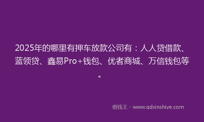2025年的哪里有押车放款公司有：人人贷借款、蓝领贷、鑫易Pro+钱包、优者商城、万信钱包等。