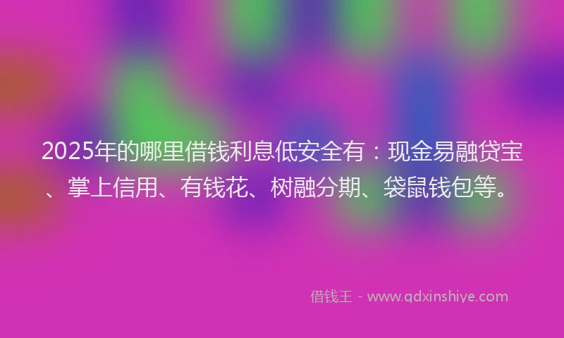 2025年的哪里借钱利息低安全有：现金易融贷宝、掌上信用、有钱花、树融分期、袋鼠钱包等。
