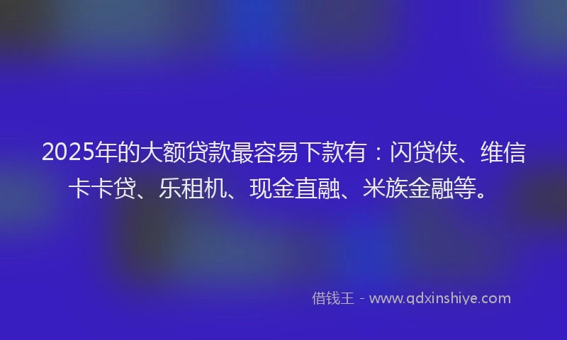 2025年的大额贷款最容易下款有：闪贷侠、维信卡卡贷、乐租机、现金直融、米族金融等。