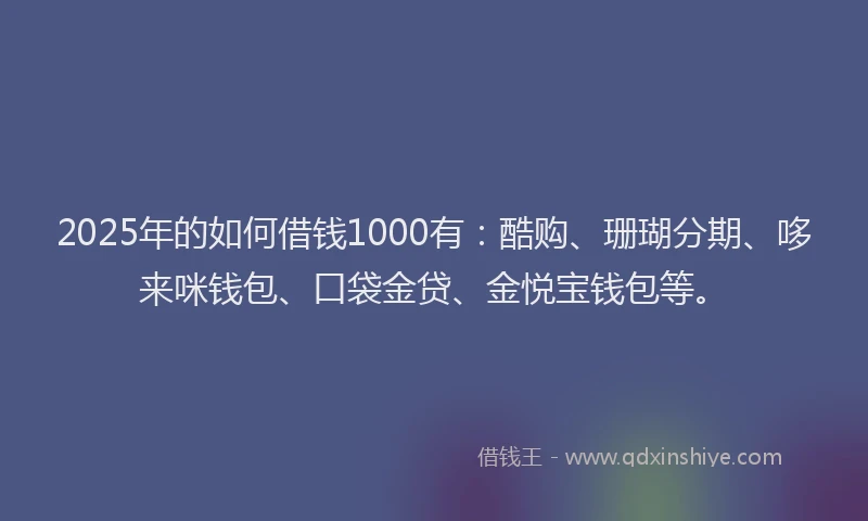 2025年的如何借钱1000有：酷购、珊瑚分期、哆来咪钱包、口袋金贷、金悦宝钱包等。
