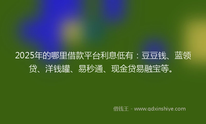 2025年的哪里借款平台利息低有：豆豆钱、蓝领贷、洋钱罐、易秒通、现金贷易融宝等。