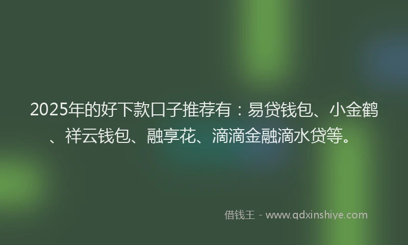2025年的好下款口子推荐有：易贷钱包、小金鹤、祥云钱包、融享花、滴滴金融滴水贷等。