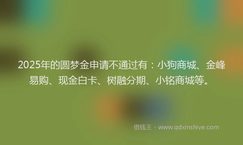 2025年的圆梦金申请不通过有：小狗商城、金峰易购、现金白卡、树融分期、小铭商城等。