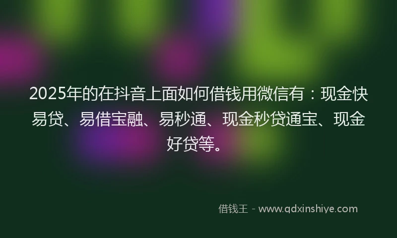 2025年的在抖音上面如何借钱用微信有：现金快易贷、易借宝融、易秒通、现金秒贷通宝、现金好贷等。
