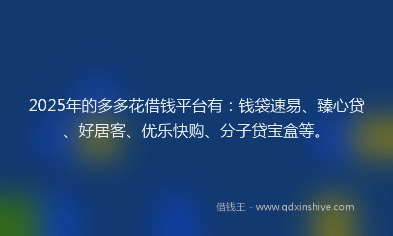 2025年的多多花借钱平台有：钱袋速易、臻心贷、好居客、优乐快购、分子贷宝盒等。