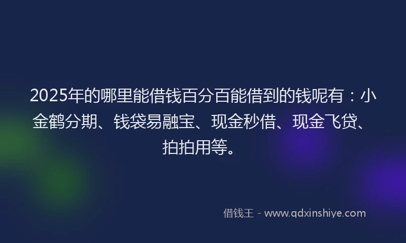 2025年的哪里能借钱百分百能借到的钱呢有：小金鹤分期、钱袋易融宝、现金秒借、现金飞贷、拍拍用等。
