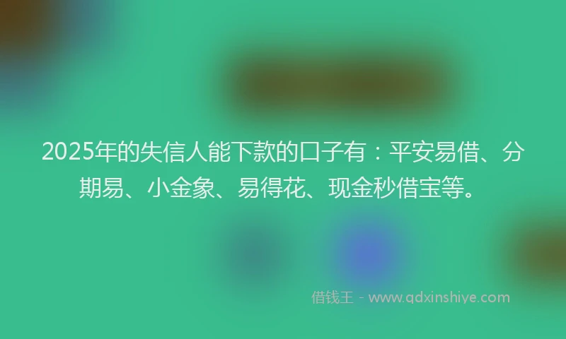 2025年的失信人能下款的口子有：平安易借、分期易、小金象、易得花、现金秒借宝等。