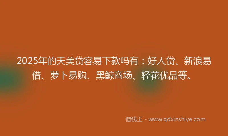 2025年的天美贷容易下款吗有：好人贷、新浪易借、萝卜易购、黑鲸商场、轻花优品等。