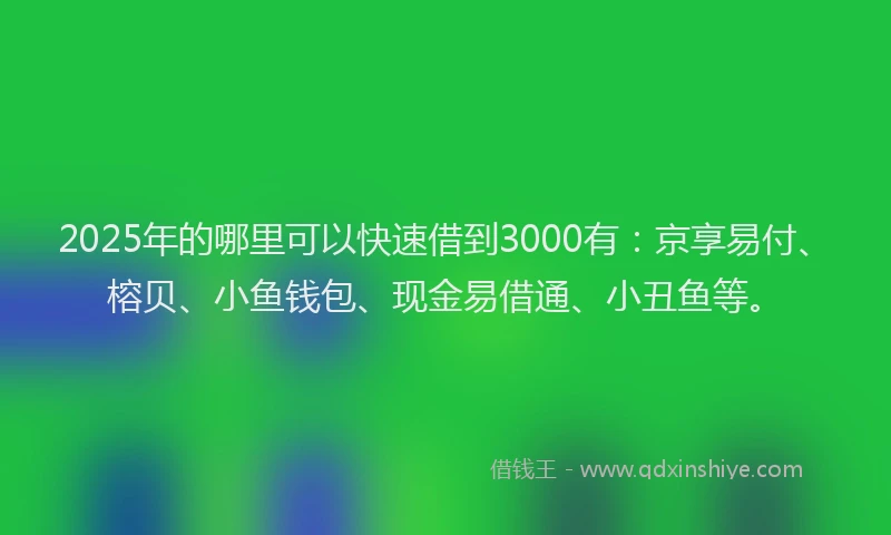 2025年的哪里可以快速借到3000有：京享易付、榕贝、小鱼钱包、现金易借通、小丑鱼等。