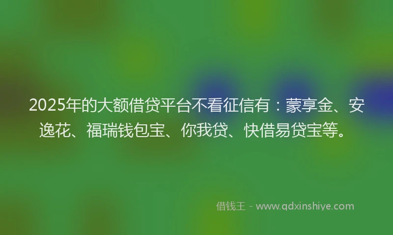 2025年的大额借贷平台不看征信有：蒙享金、安逸花、福瑞钱包宝、你我贷、快借易贷宝等。
