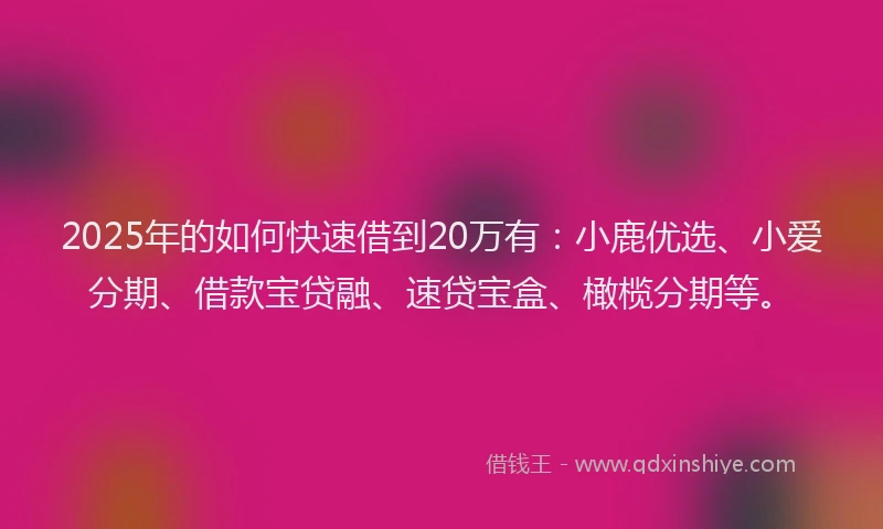 2025年的如何快速借到20万有：小鹿优选、小爱分期、借款宝贷融、速贷宝盒、橄榄分期等。