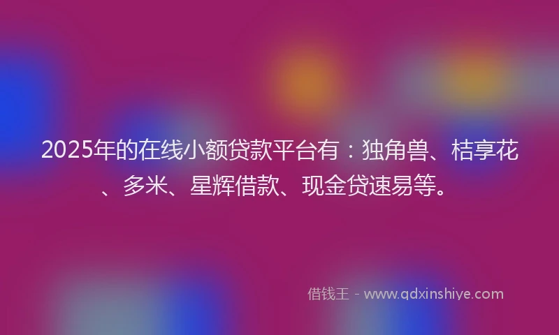 2025年的在线小额贷款平台有：独角兽、桔享花、多米、星辉借款、现金贷速易等。