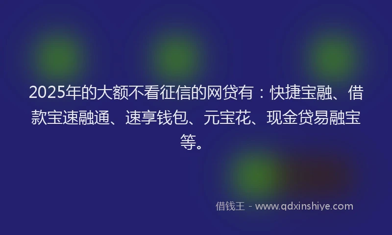 2025年的大额不看征信的网贷有：快捷宝融、借款宝速融通、速享钱包、元宝花、现金贷易融宝等。