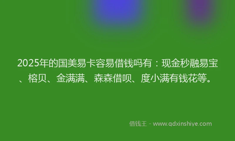 2025年的国美易卡容易借钱吗有：现金秒融易宝、榕贝、金满满、森森借呗、度小满有钱花等。