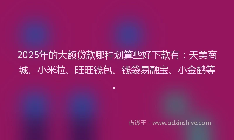 2025年的大额贷款哪种划算些好下款有：天美商城、小米粒、旺旺钱包、钱袋易融宝、小金鹤等。