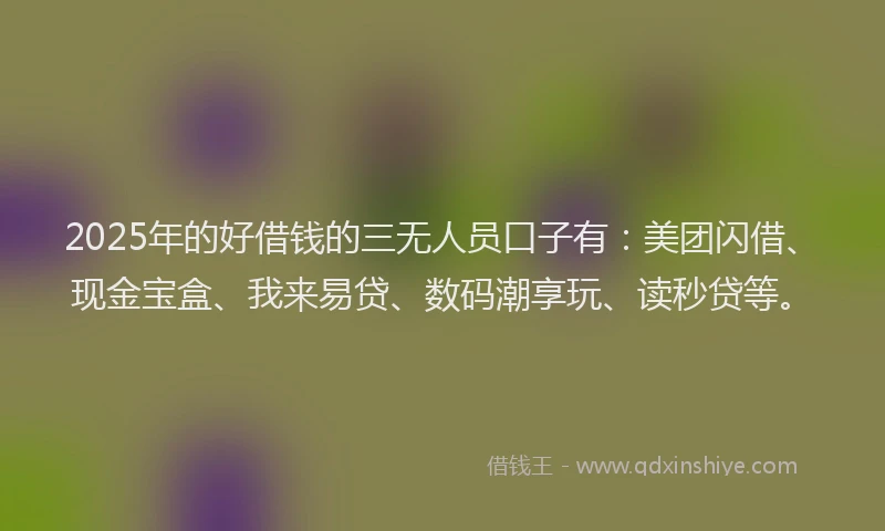 2025年的好借钱的三无人员口子有：美团闪借、现金宝盒、我来易贷、数码潮享玩、读秒贷等。