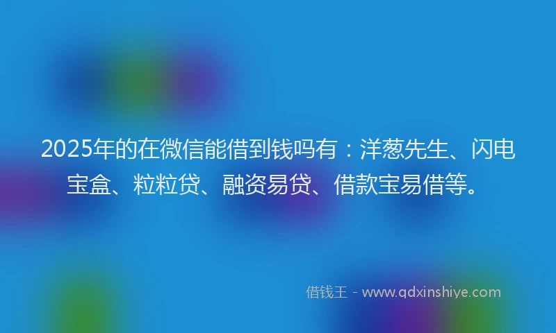 2025年的在微信能借到钱吗有：洋葱先生、闪电宝盒、粒粒贷、融资易贷、借款宝易借等。