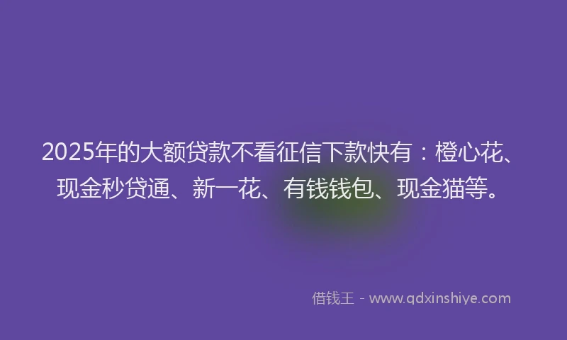 2025年的大额贷款不看征信下款快有：橙心花、现金秒贷通、新一花、有钱钱包、现金猫等。