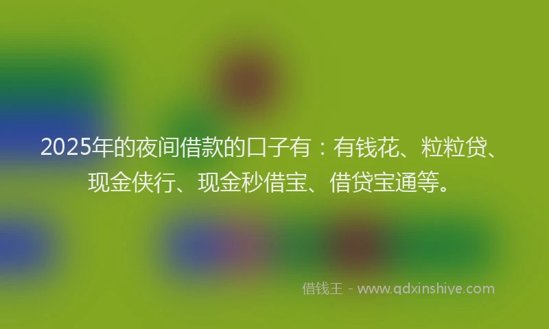 2025年的夜间借款的口子有：有钱花、粒粒贷、现金侠行、现金秒借宝、借贷宝通等。