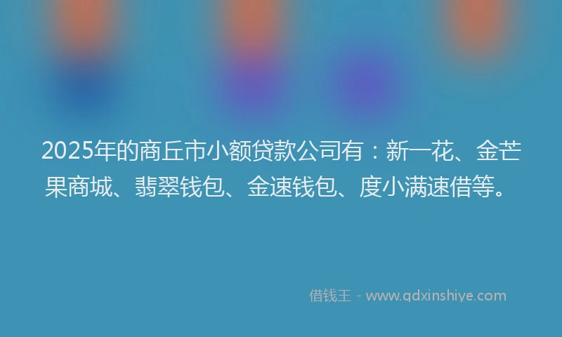 2025年的商丘市小额贷款公司有：新一花、金芒果商城、翡翠钱包、金速钱包、度小满速借等。