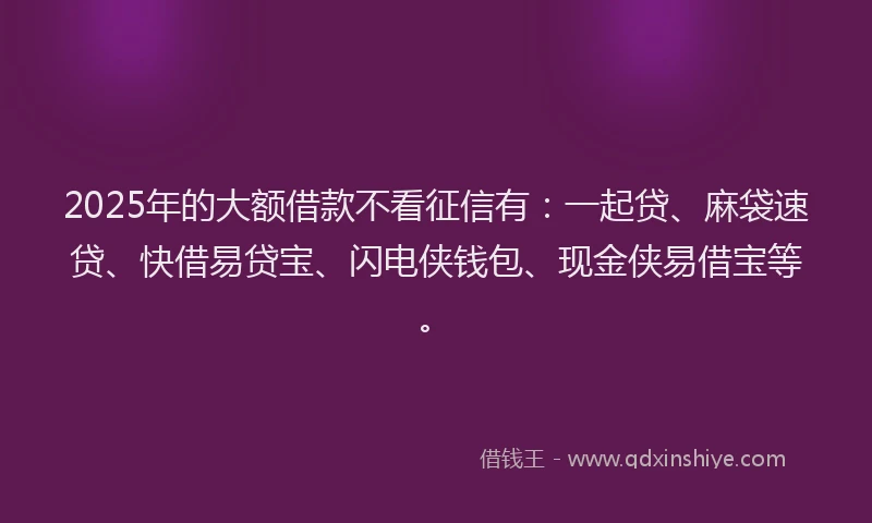 2025年的大额借款不看征信有：一起贷、麻袋速贷、快借易贷宝、闪电侠钱包、现金侠易借宝等。