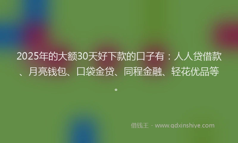 2025年的大额30天好下款的口子有：人人贷借款、月亮钱包、口袋金贷、同程金融、轻花优品等。