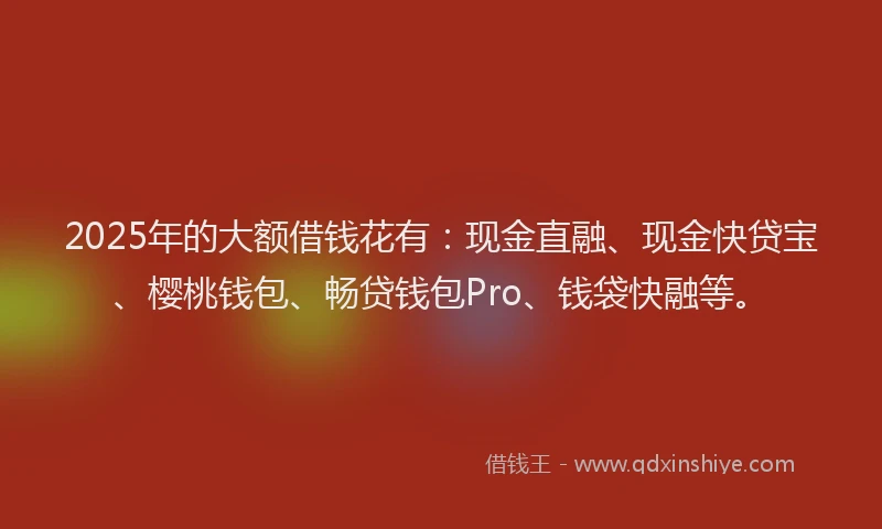 2025年的大额借钱花有：现金直融、现金快贷宝、樱桃钱包、畅贷钱包Pro、钱袋快融等。
