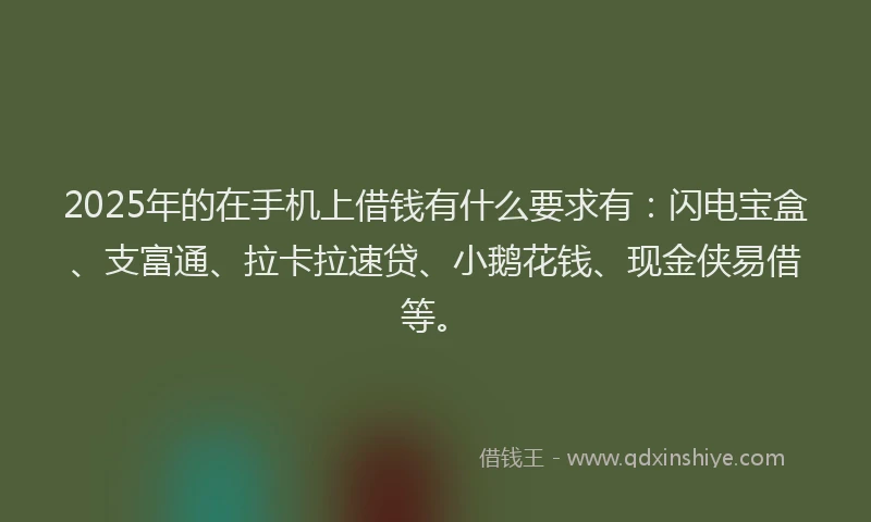 2025年的在手机上借钱有什么要求有：闪电宝盒、支富通、拉卡拉速贷、小鹅花钱、现金侠易借等。