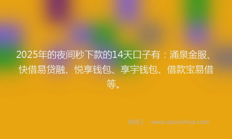 2025年的夜间秒下款的14天口子有：涌泉金服、快借易贷融、悦享钱包、享宇钱包、借款宝易借等。